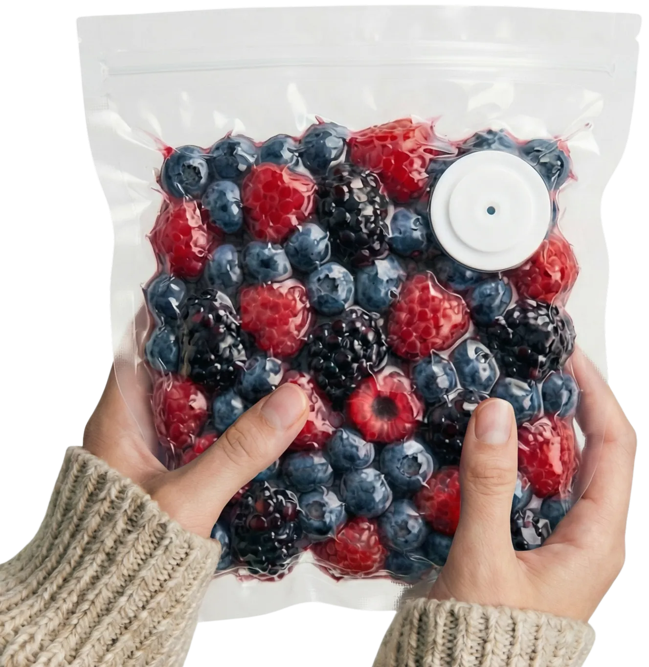 Hand holding Savour Mate vacuum seal bag with food inside